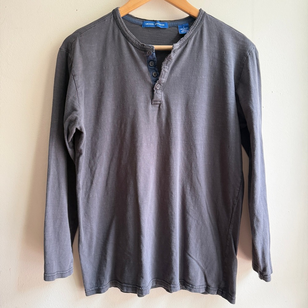 Michael Brandon Henley Long Sleeve Shirt Gray Small Good